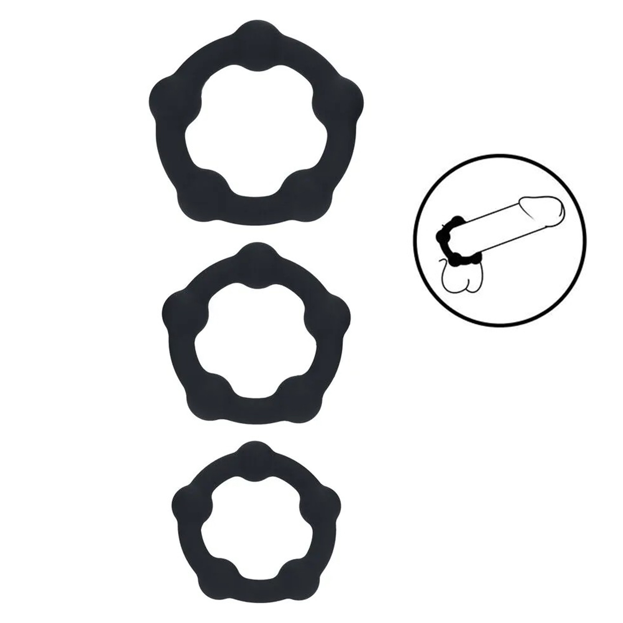 Levelz Beaded Silicone Cockring Set med tre sorte silikoneringe i størrelserne S, M og L