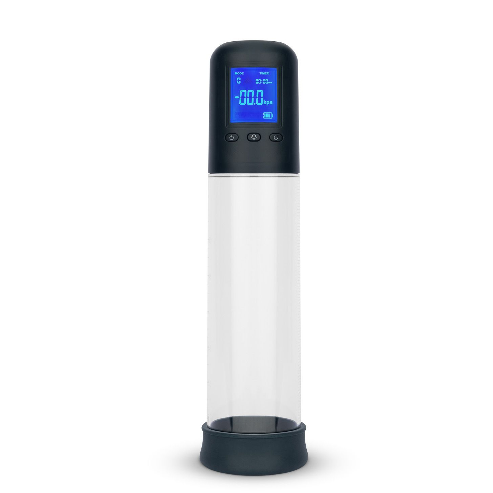Boners Penis Pump med LCD-skærm, set forfra med cylinder og pumpeenhed